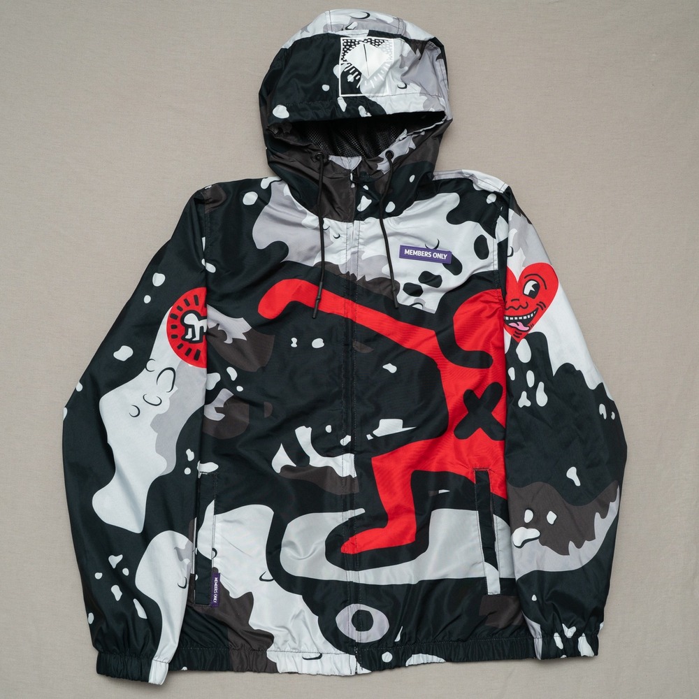Keith Haring x Members Only Camo Baby‎ Heart Print Hooded Jacket Sz M Zip Up
